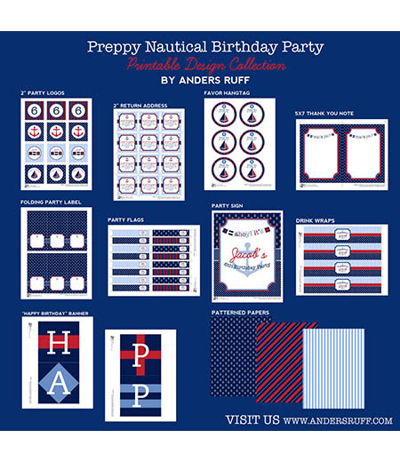 Nautical Preppy Birthday Party Printables Collection - Navy and Red